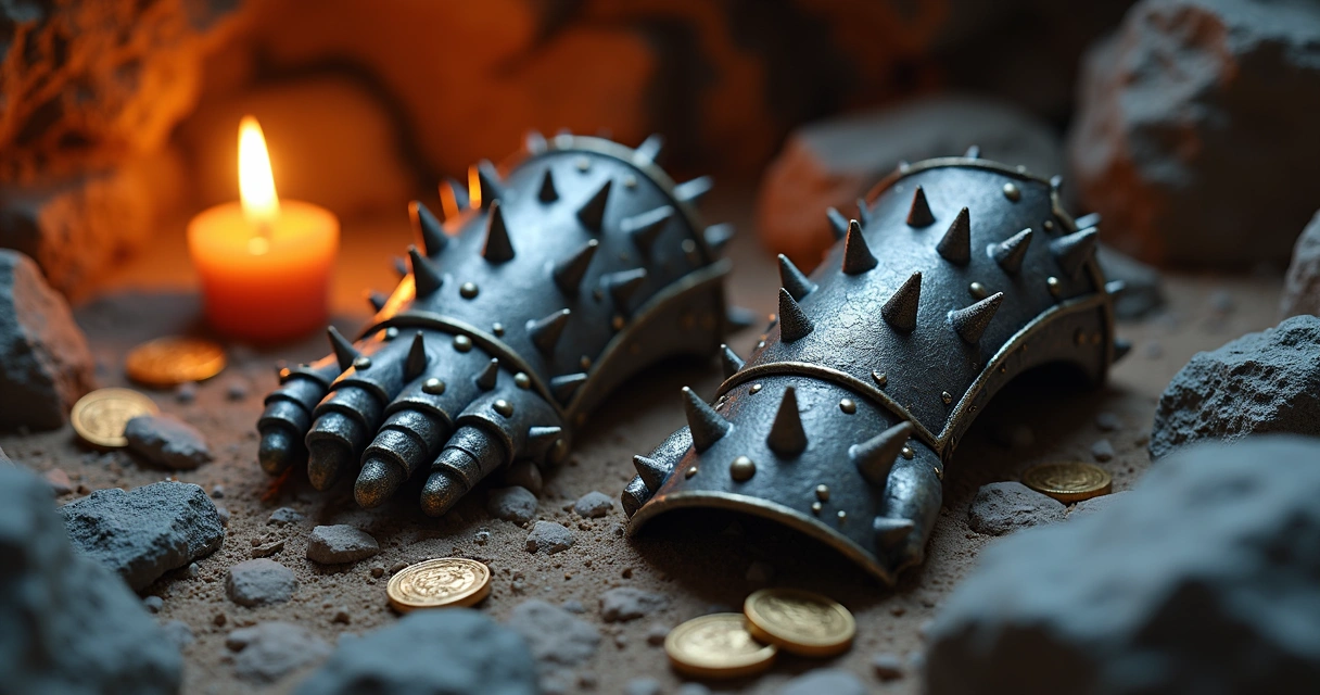 Spiked gorget e spiked bracers caídos no chão 