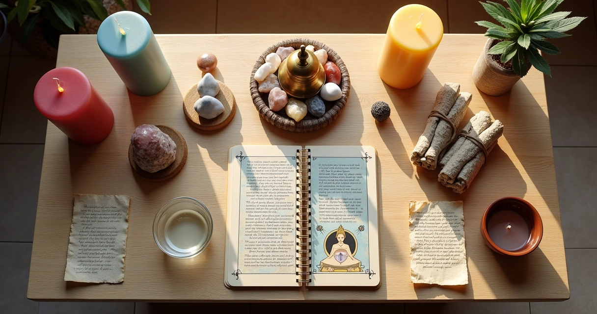 Itens para altar místico sobre mesa de madeira clara