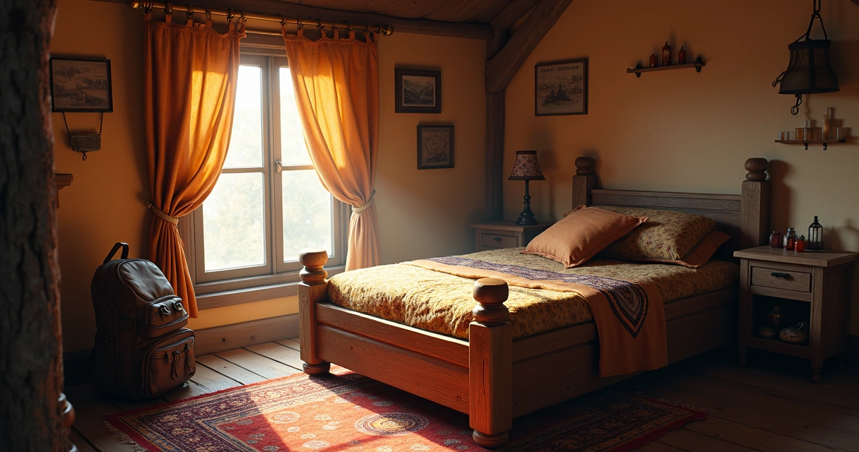 Itens de cama em casa de Tibia com backpack ao lado 