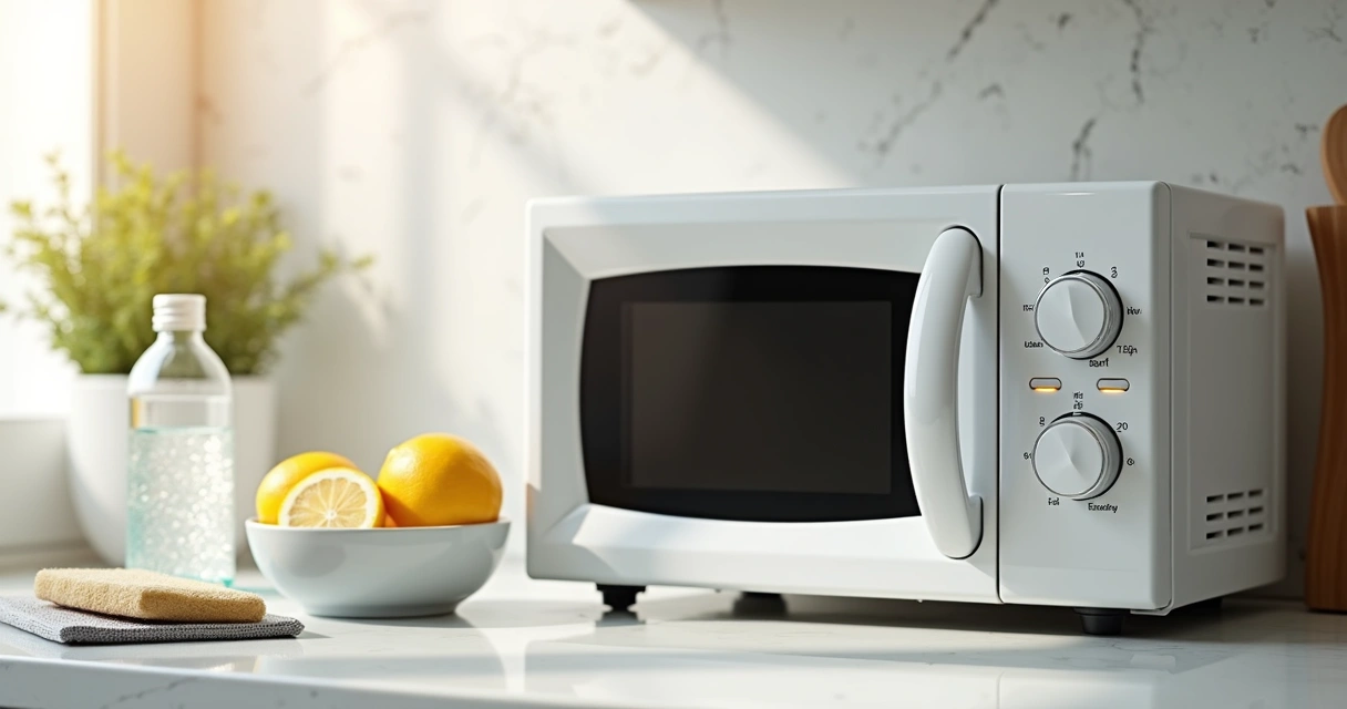 Itens de limpeza ao lado de micro-ondas em bancada de cozinha 