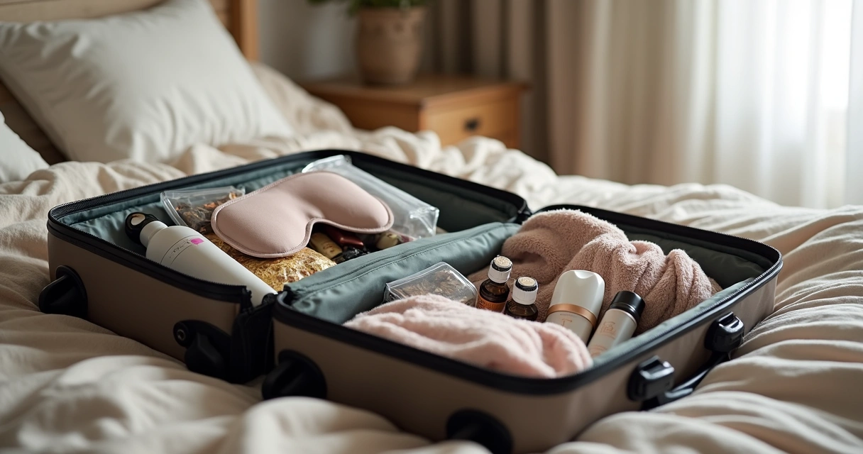 Diversos itens de bem-estar organizados dentro de uma mala aberta sobre uma cama.