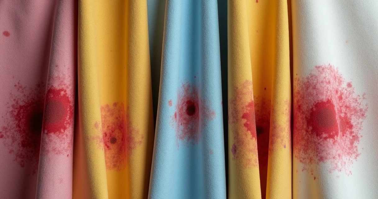Diferentes tecidos com manchas de vinho, tinta e gordura lado a lado 