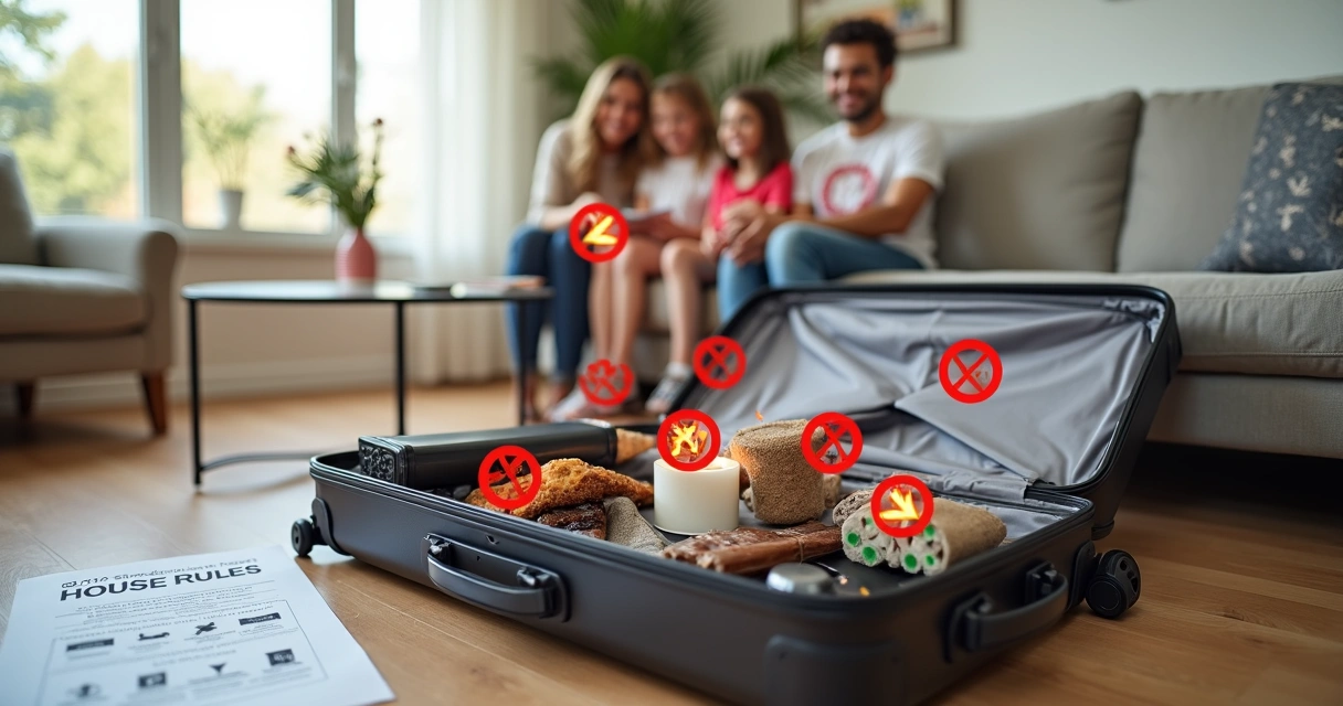 Hóspede abrindo mala em casa de temporada na Flórida com alguns itens marcados como proibidos 