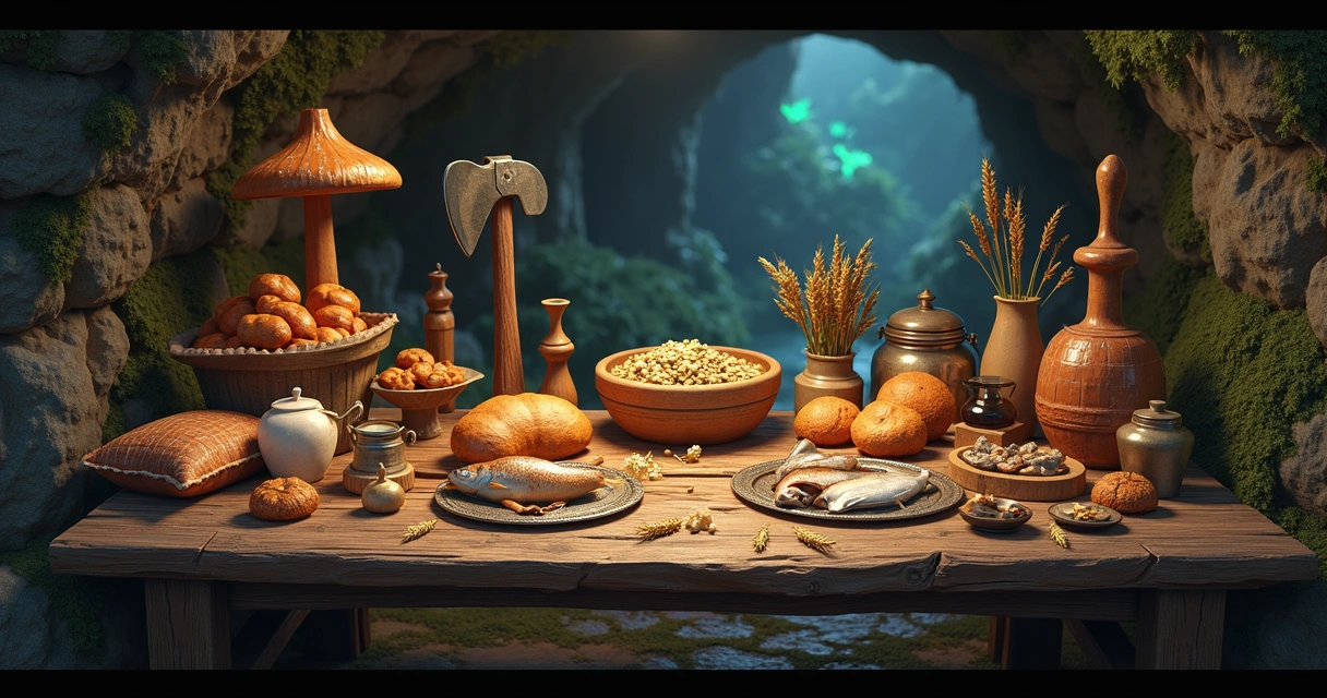Vários itens de respawn diário em Tibia sobre uma mesa rústica, incluindo cogumelos, pães, peixes, ferramentas e flores, com ambiente de caverna iluminada ao fundo 