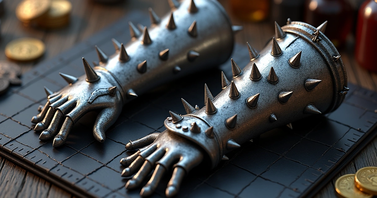 Itens spiked gorget e bracers sobre fundo de inventário