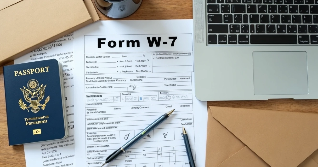Documents for ITIN application laid out on desk 