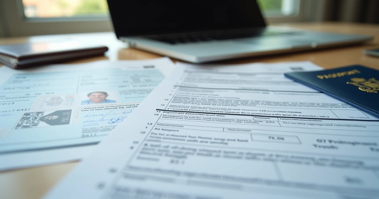 W-7 form, identification documents, and tax forms laid out on a desk