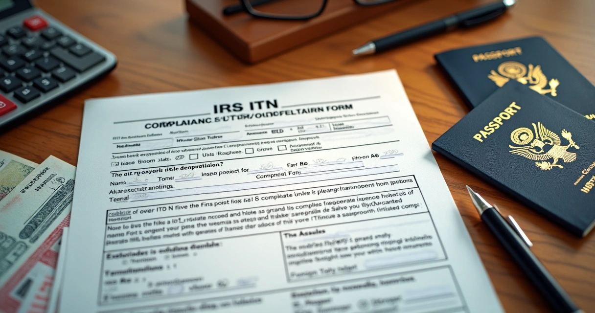 ITIN application form with supporting documents and a pen on a wooden desk 