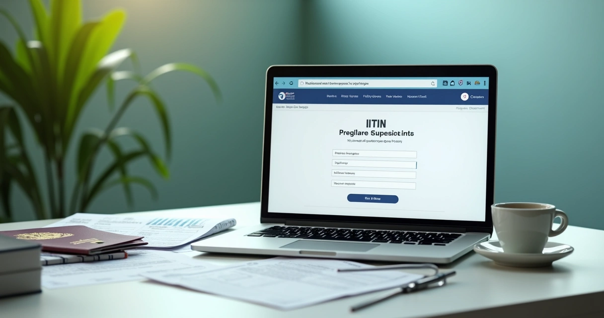 Laptop screen displaying an online ITIN application form with passport and documents on a white desk.