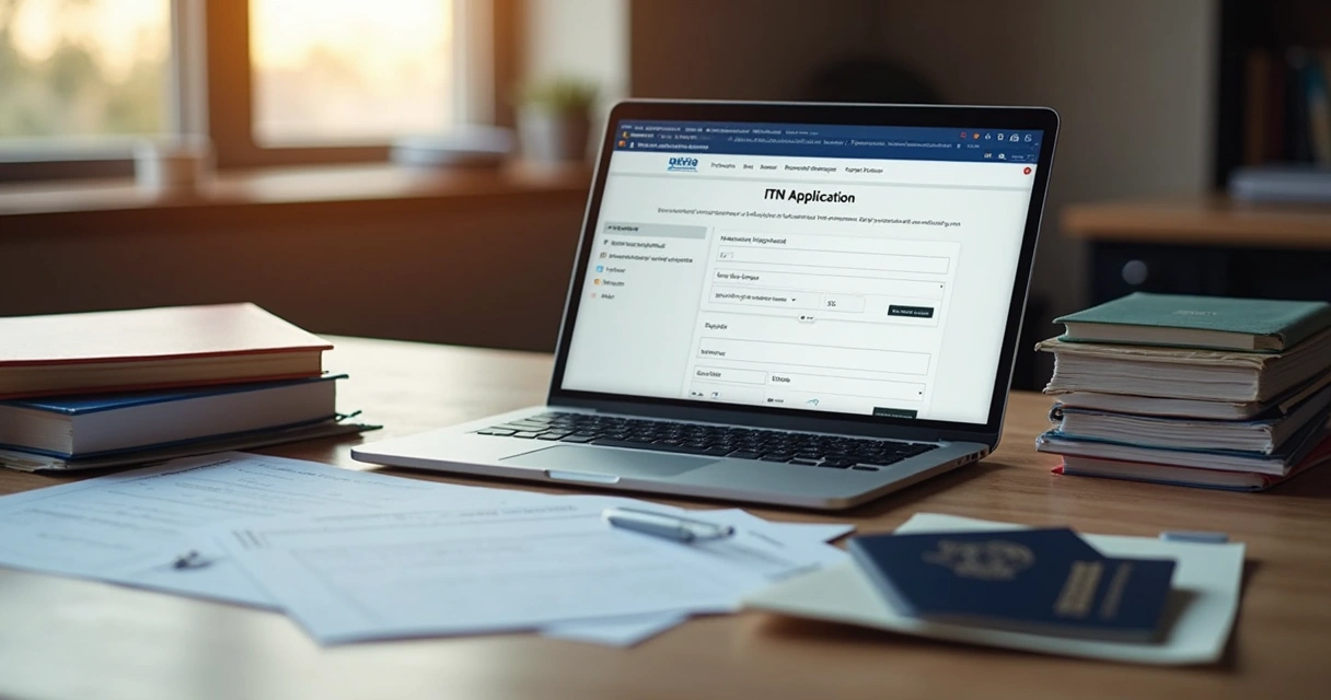 Laptop screen shows a list of required documents with an open passport beside colorful folders and paperwork