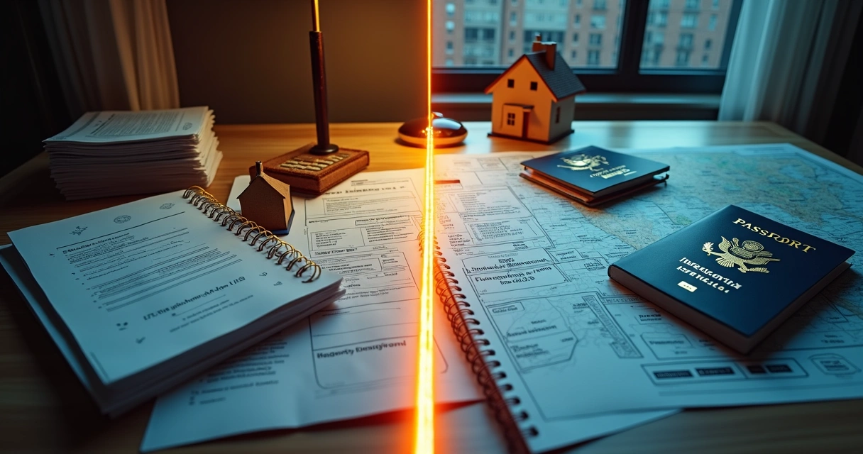 Split-screen comparison of ITIN and foreign national mortgage paths with city map and passports 