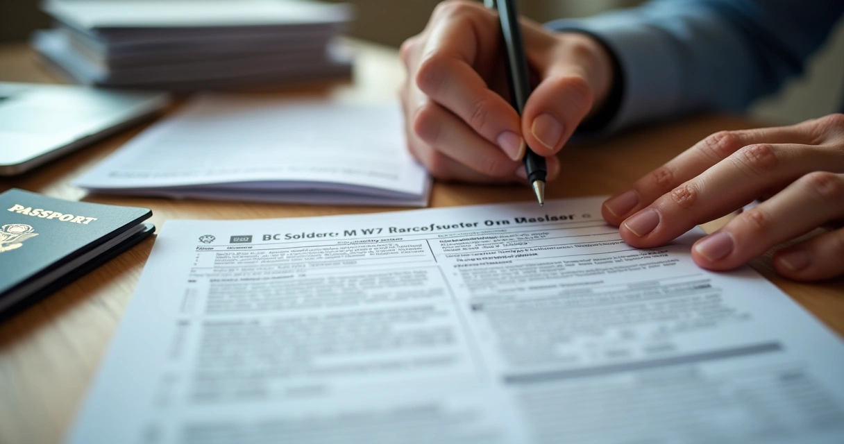 Person’s hands filling out IRS Form W-7 on a desk, documents and US passport nearby