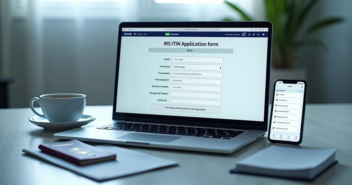 Laptop with online ITIN application form and passport beside it