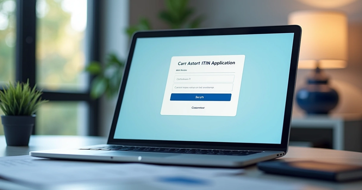 Laptop on a desk displaying an ITIN online application form 