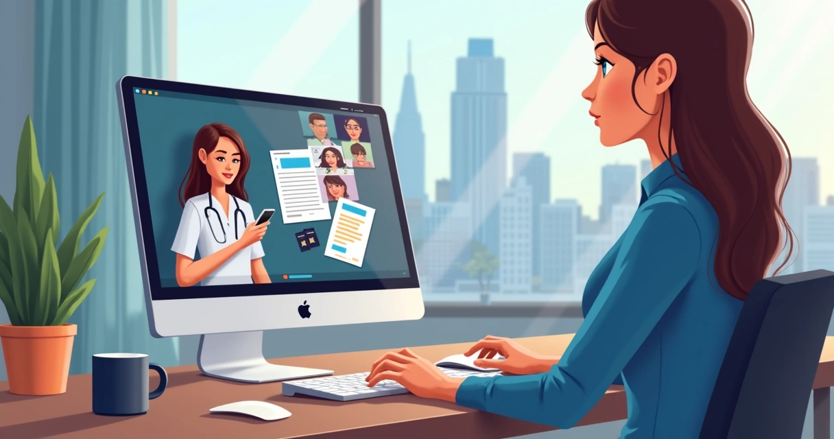 Illustration of a remote ITIN application process with a computer, documents, and a video call screen 