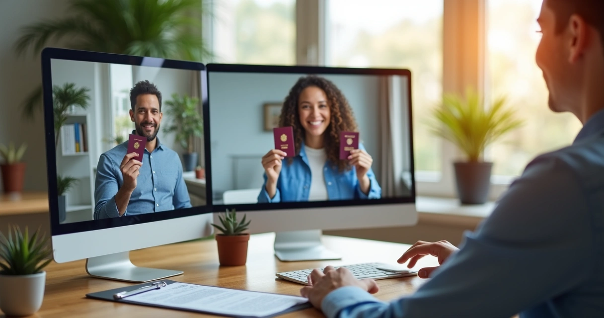 Person on a secure video call with agent reviewing passport 