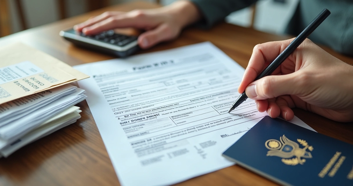 Close-up of hands filling ITIN tax form with passport and IRS envelope