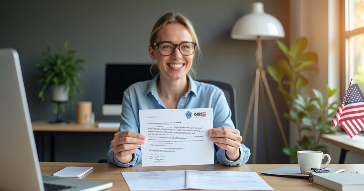 Happy non-resident holding ITIN letter in modern office