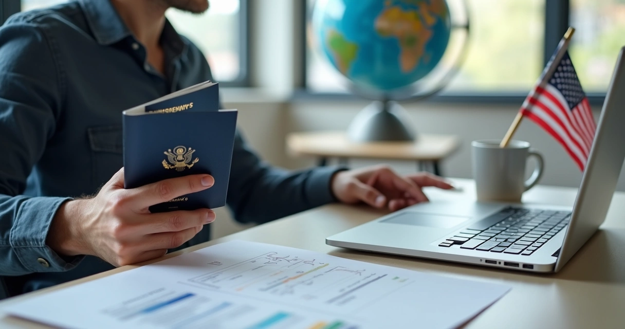 International business person holding passport and laptop