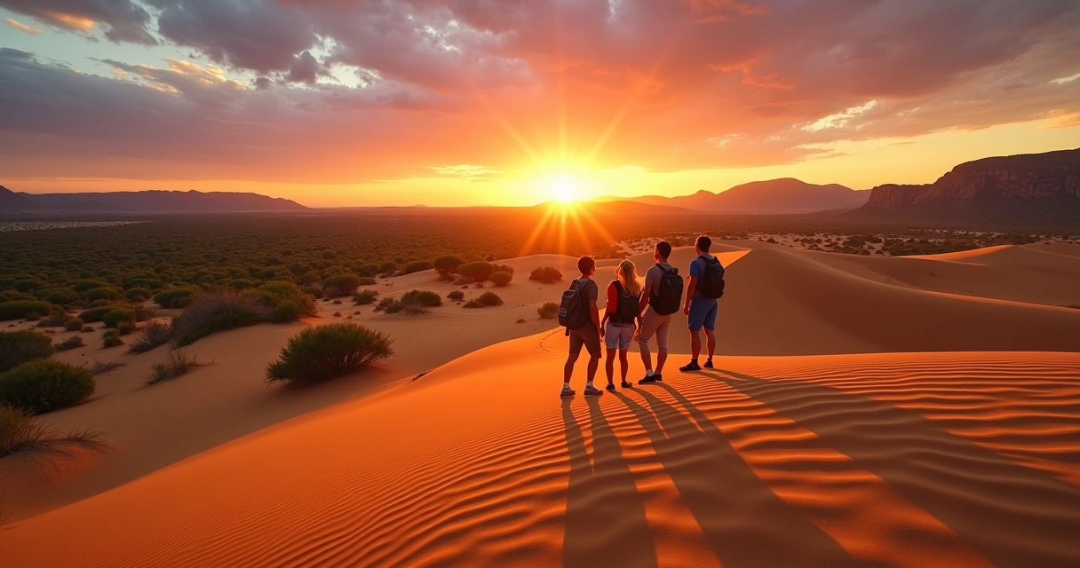 Viajantes nas dunas do Jalapão ao pôr do sol com serras ao fundo 