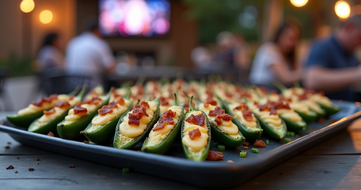 Grilled jalapeño poppers on a tray with herbs 