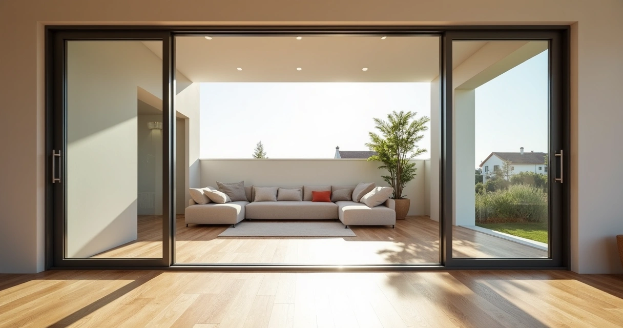 Janela de alumínio numa sala moderna com muita luz natural 