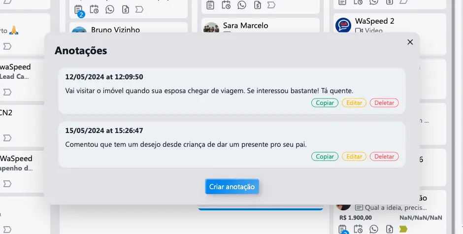 Janela de anotações com datas, textos e botões para copiar, editar e deletar