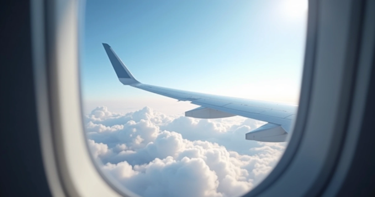 Vista de nuvens e asa do avião pela janela de avião 