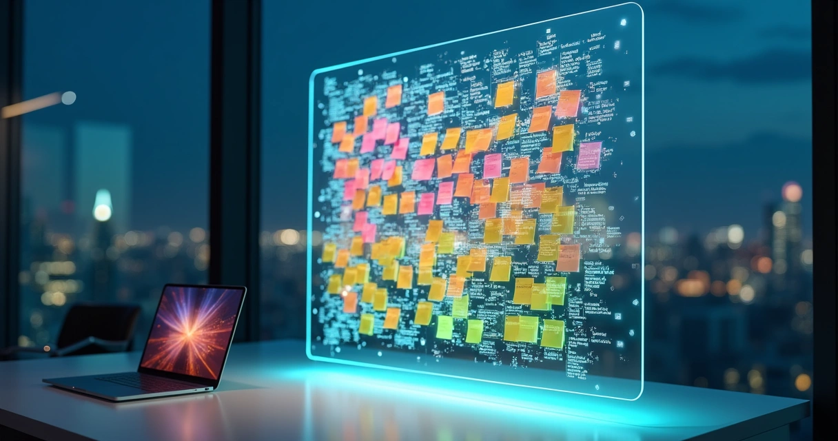 Quadro transparente cheio de post-its digitais coloridos representando memória de curto prazo da IA 