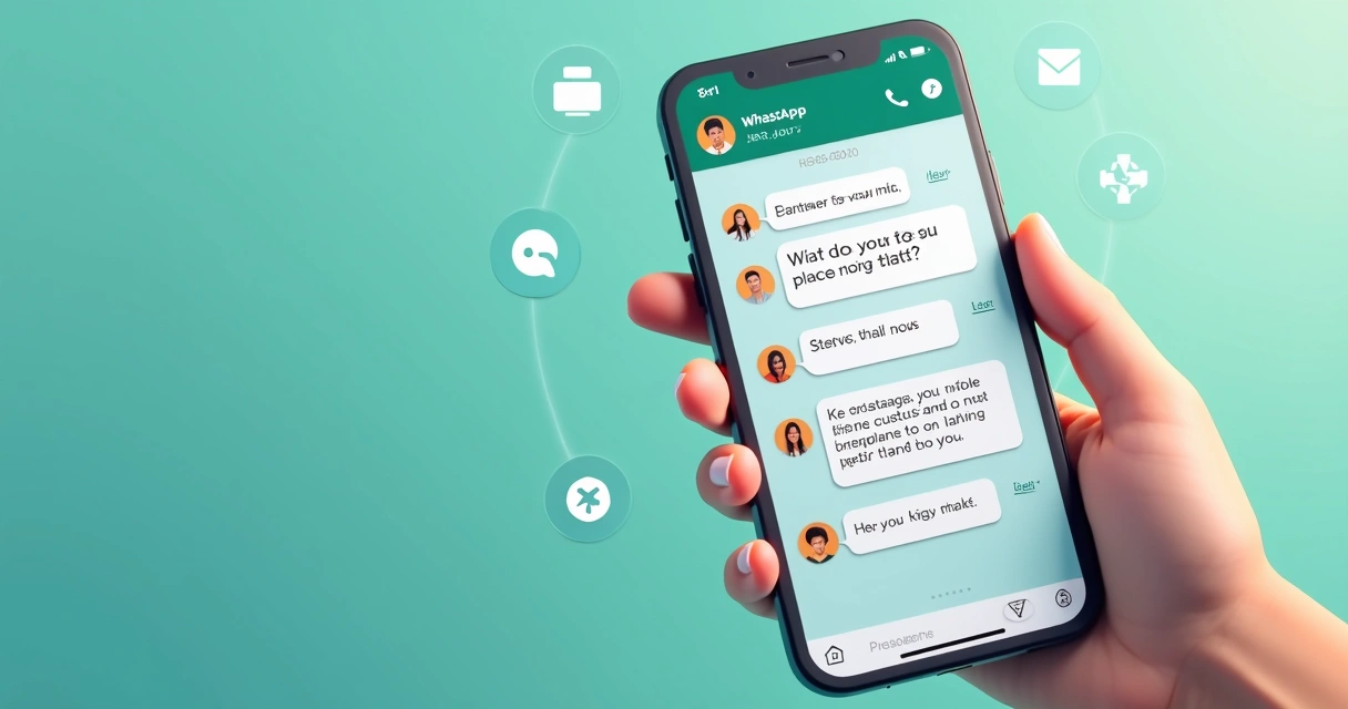 Ilustração de uma mão segurando celular mostrando conversa WhatsApp aberta 