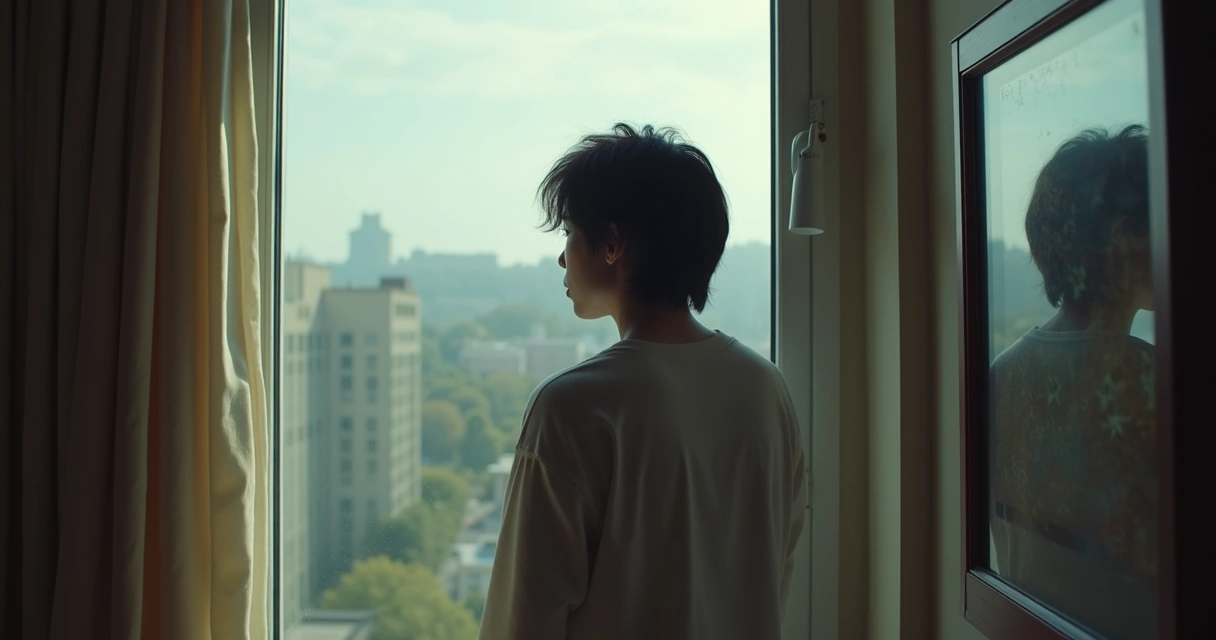 Pessoa olhando através de uma janela com reflexo de rosto pensativo em um espelho