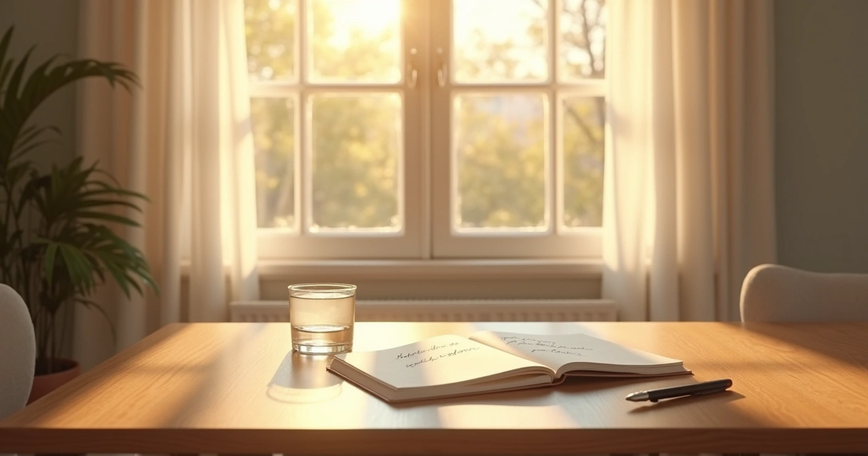 Janela aberta com luz da manhã e caderno sobre mesa