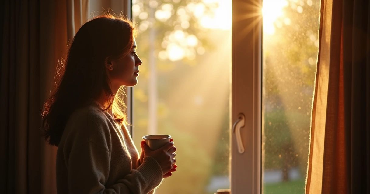 Pessoa contemplando a natureza pela janela de casa 