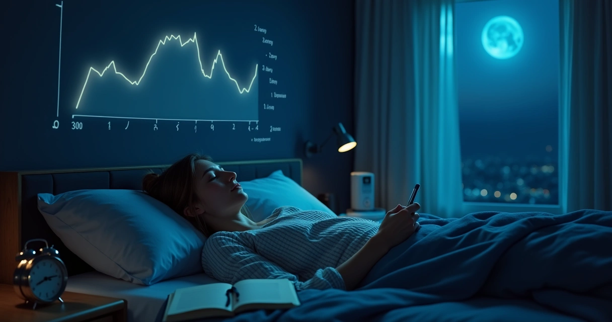 Quarto escuro com pessoa deitada observando gráficos de sono projetados na parede 