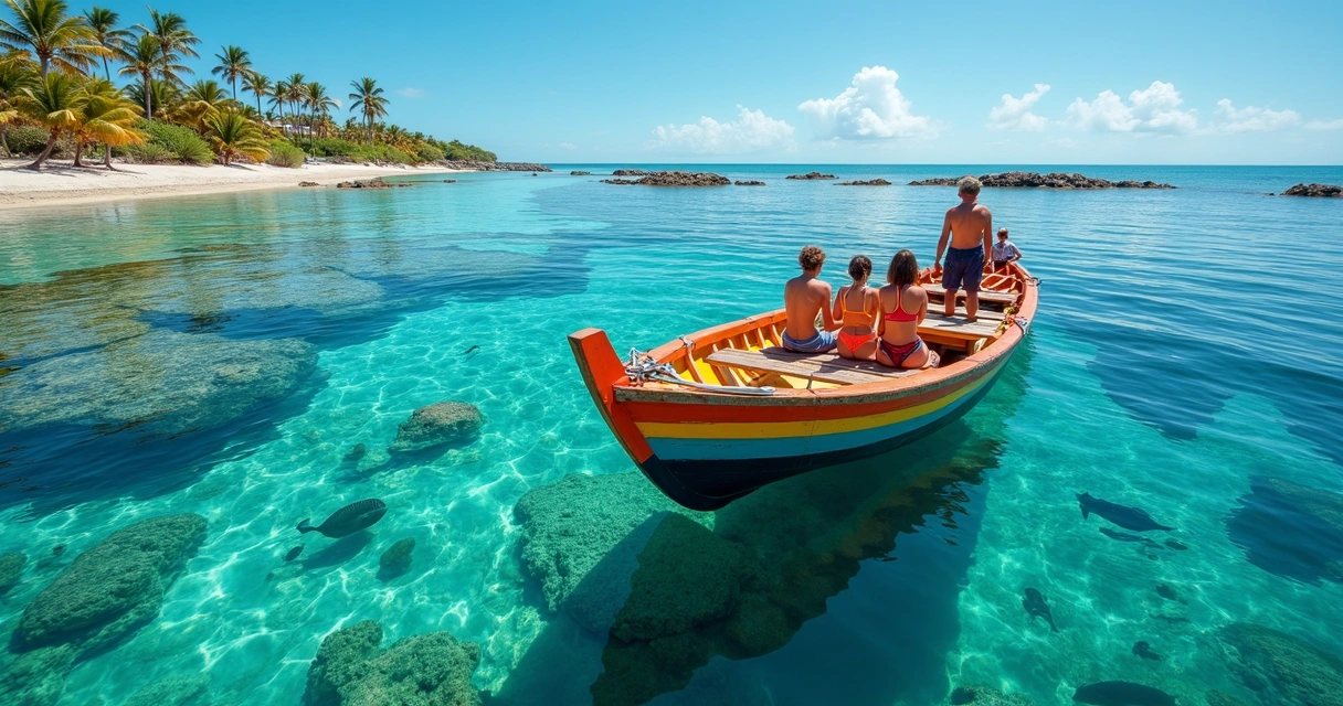 Jangada e turistas nadando nas águas claras das piscinas naturais 