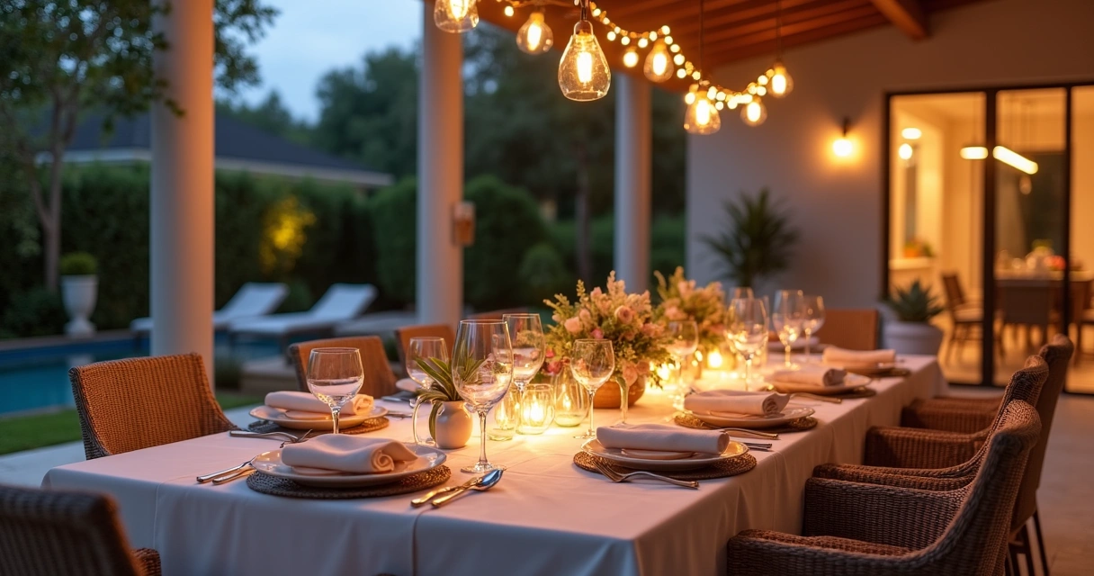 Mesa posta em área externa de casa para jantar em família 
