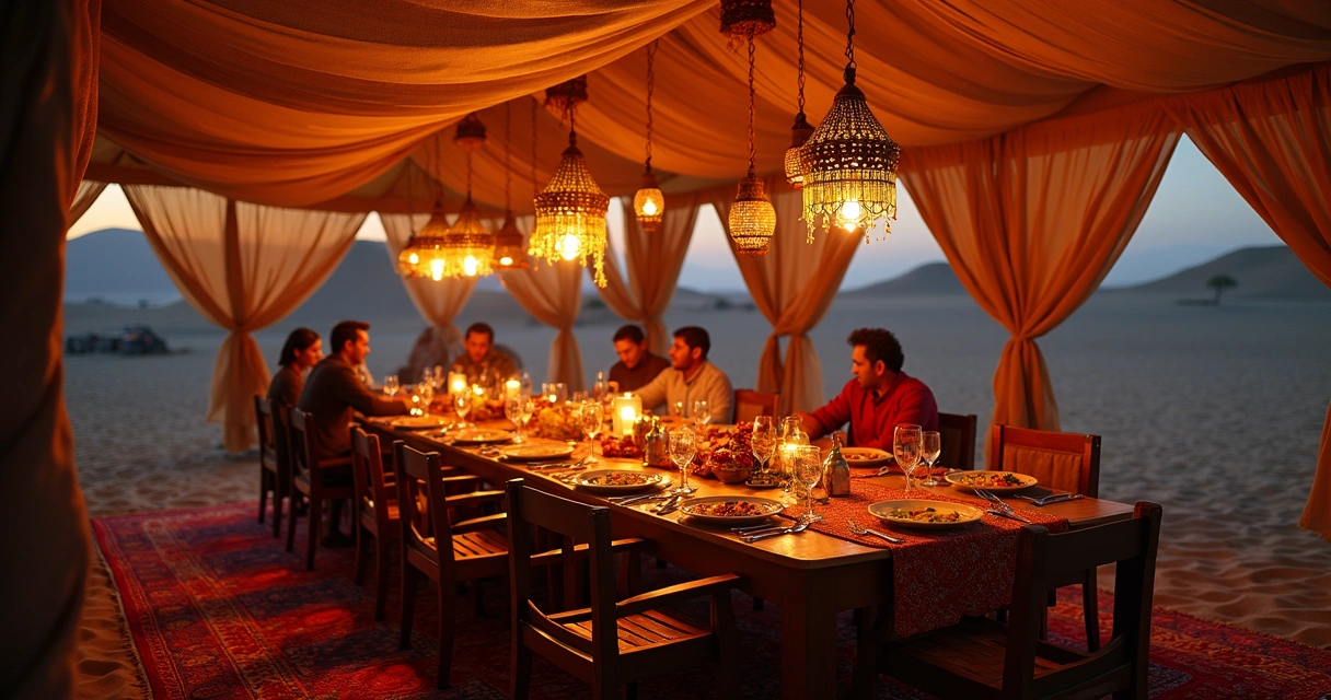 Jantar beduíno sob tenda no deserto com pratos egípcios tradicionais 