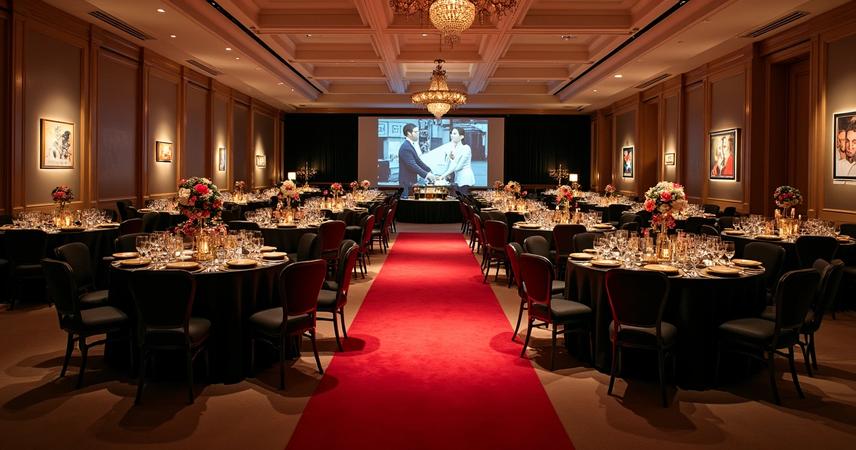 Jantar temático de cinema com decoração de filme, crepes e tapete vermelho 