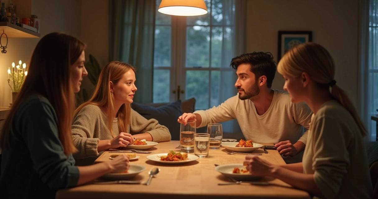 Mesa de jantar com família presente e sem celulares 