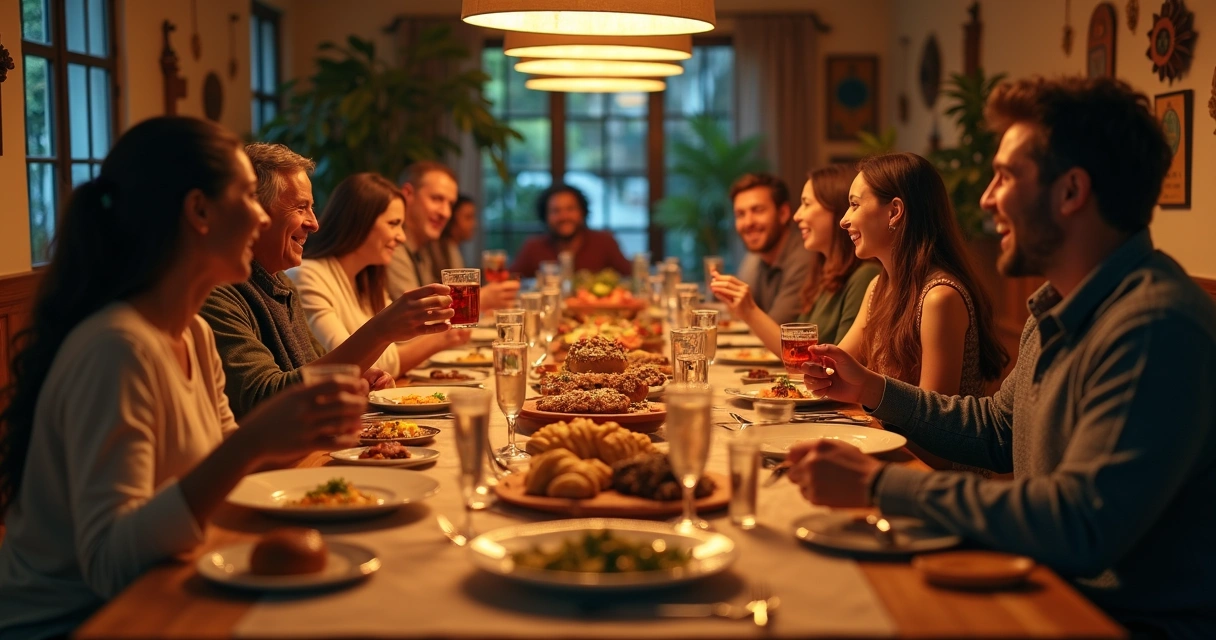 Pessoas de diferentes culturas em jantar compartilhado 