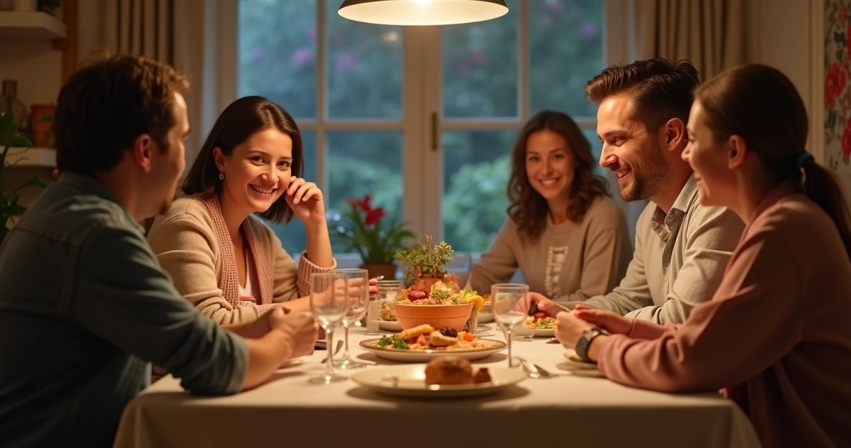Família reunida em jantar sem celulares em cima da mesa 
