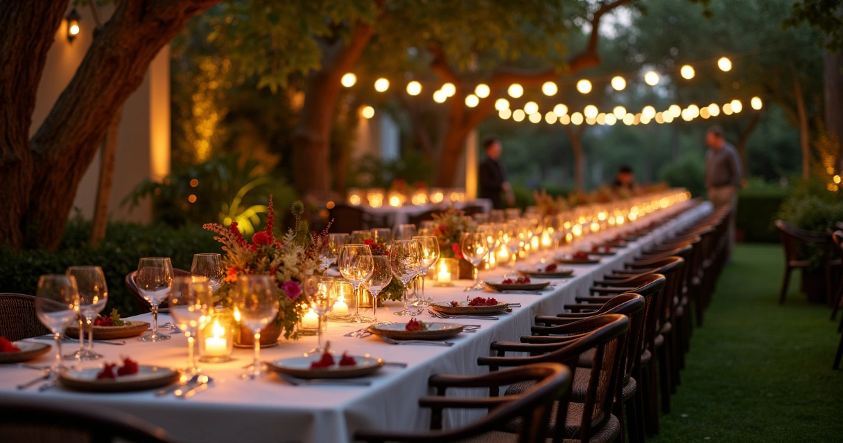 Jantar exclusivo ao ar livre no jardim do Palácio Tangará, mesas bem decoradas 