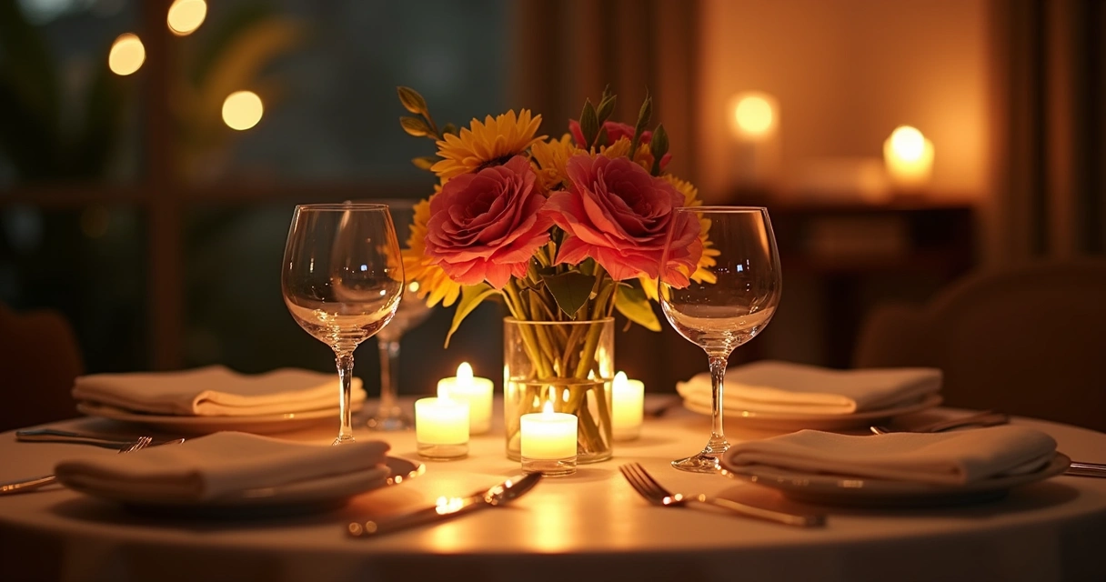 Mesa de jantar romântica com velas e flores 
