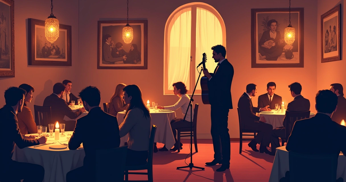 Cantora de fado se apresentando em restaurante tradicional de Lisboa 