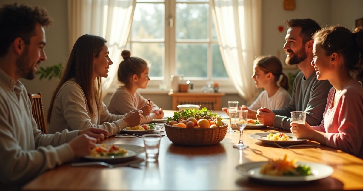 Mesa de jantar com família conversando sem celulares
