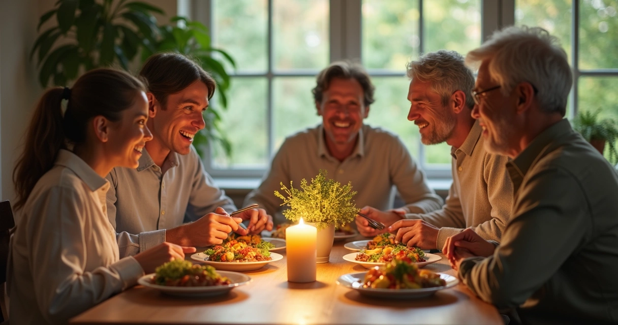 Pessoas sorrindo em um jantar de família 