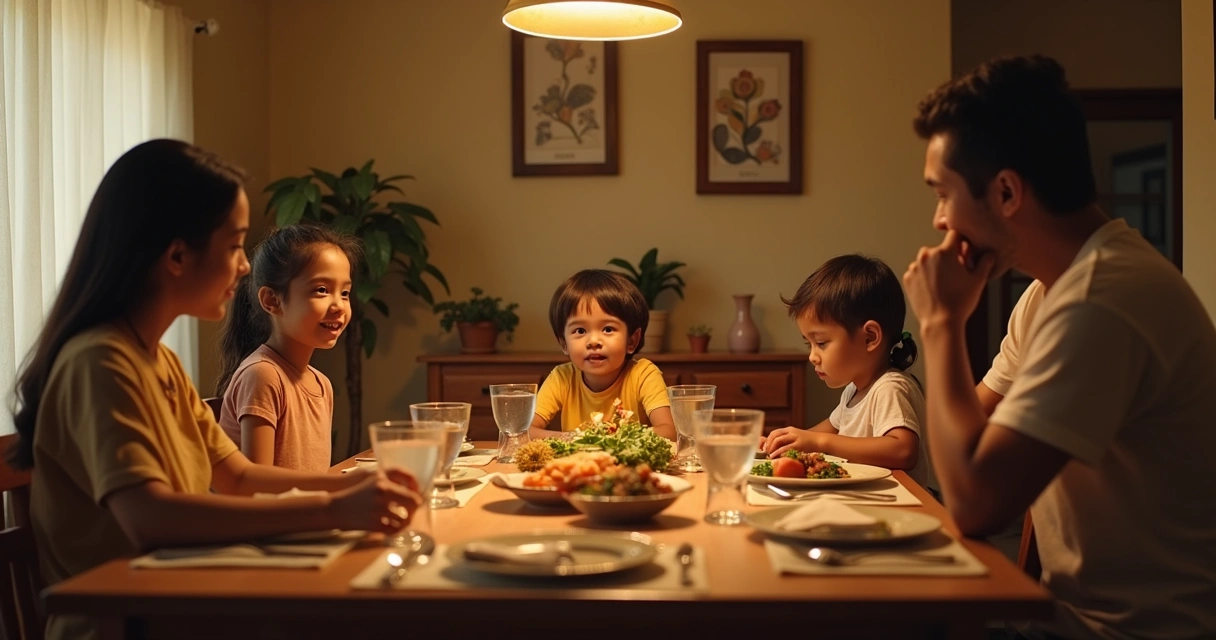 Família reunida à mesa durante o jantar