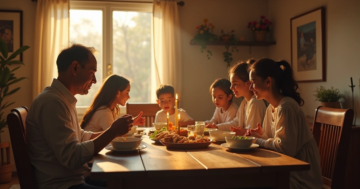 Família reunida em jantar simples à mesa 
