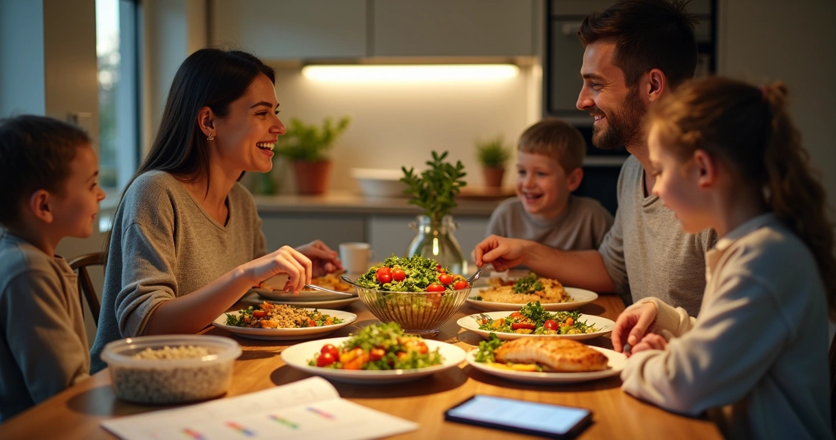 Mesa de jantar com família reunida em volta de pratos coloridos de alimentos integrais 