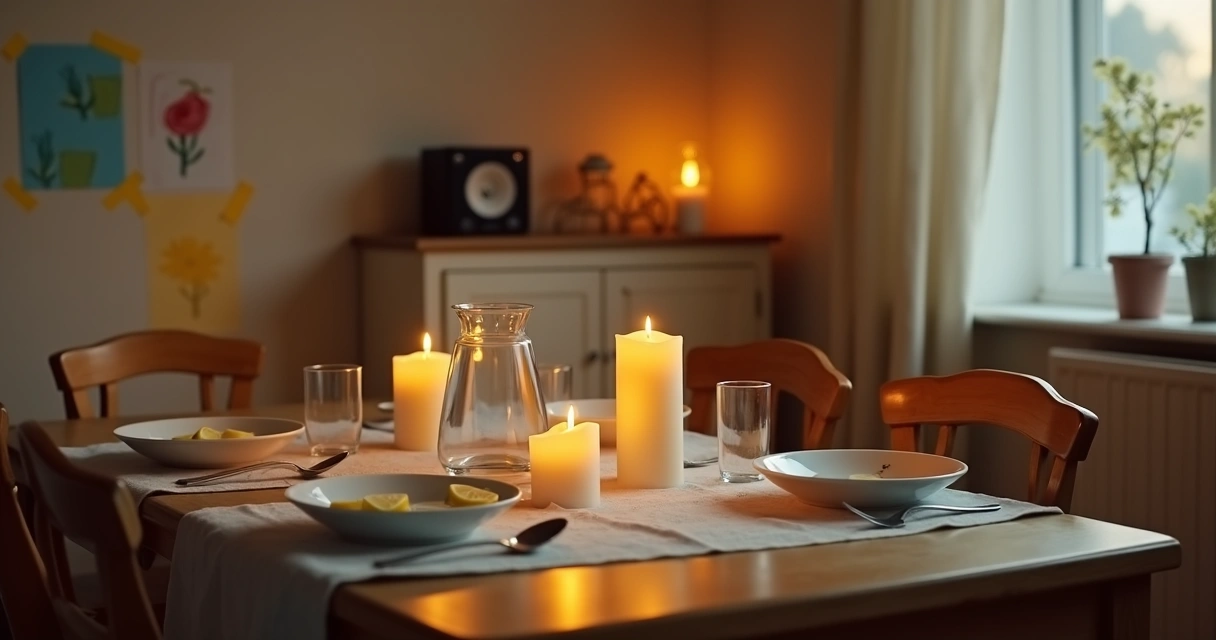 Mesa de jantar simples com velas acesas e caixa de som pequena ao fundo 